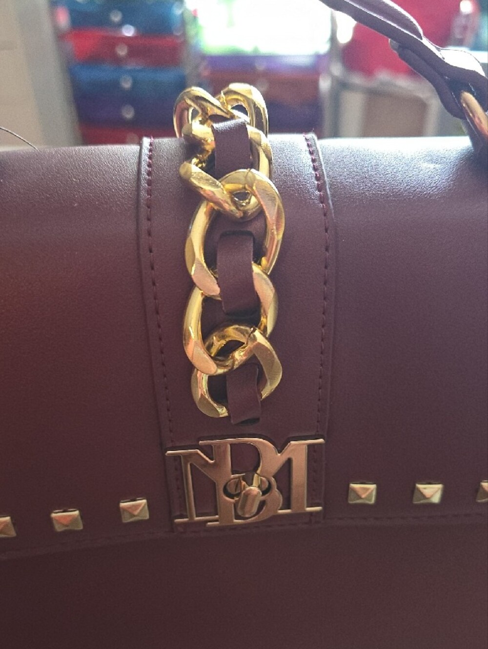 Badgley Mischka Wine Studded Top-Handle Satchel with Gold Hardware - Picture 3 of 7